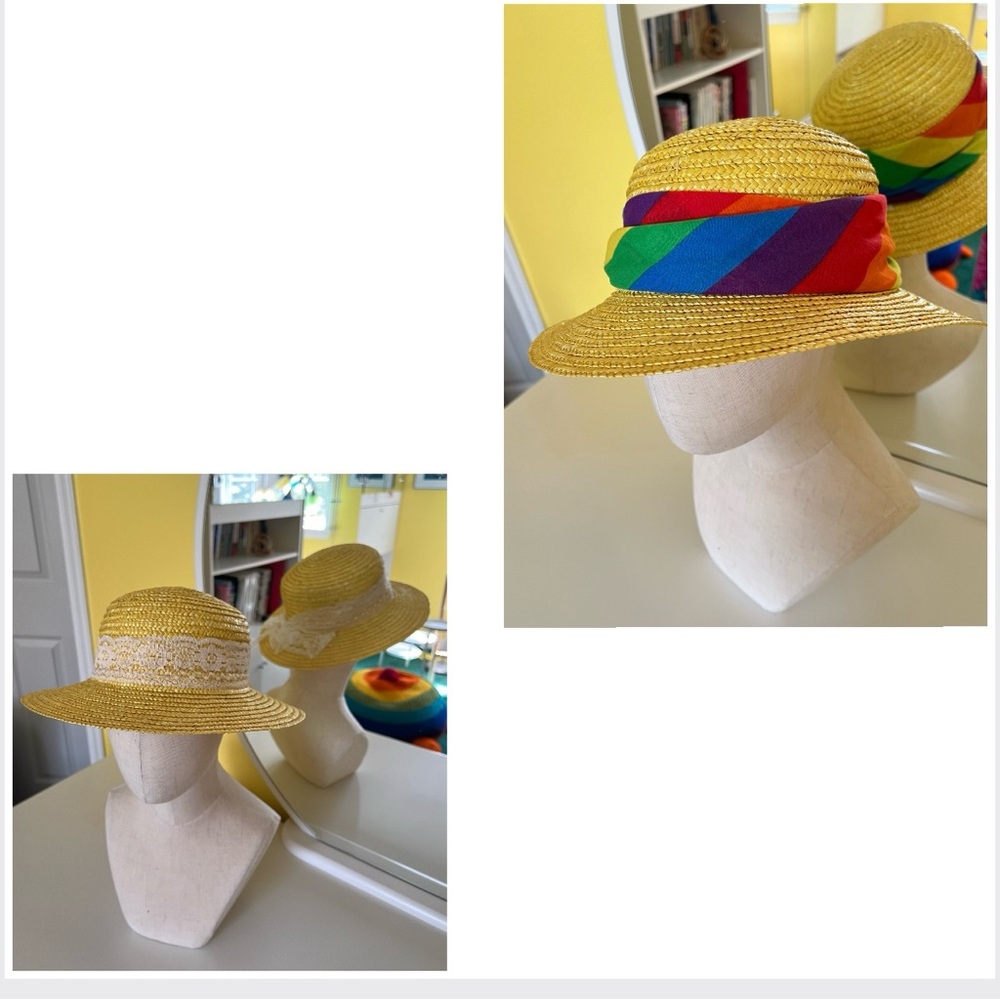 1980s Yellow Straw Hat, Round Crown, Incl. White Lace Ribbon & Rainbow Bandana - Picture 12 of 16